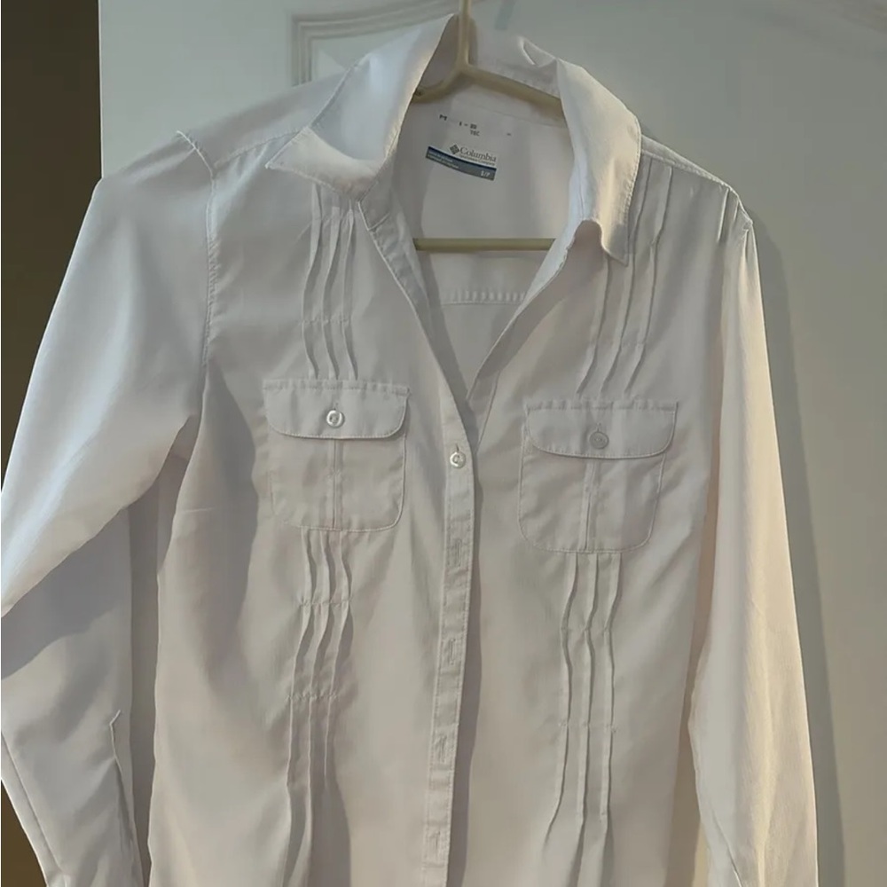 Columbia Omni shade sun protection slimming button up roll up sleeve white shirt
